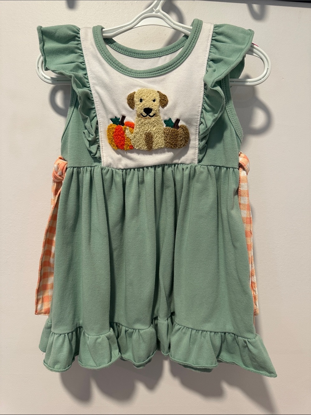 Green Ruffle Dress with Puppy & Pumpkin Applique